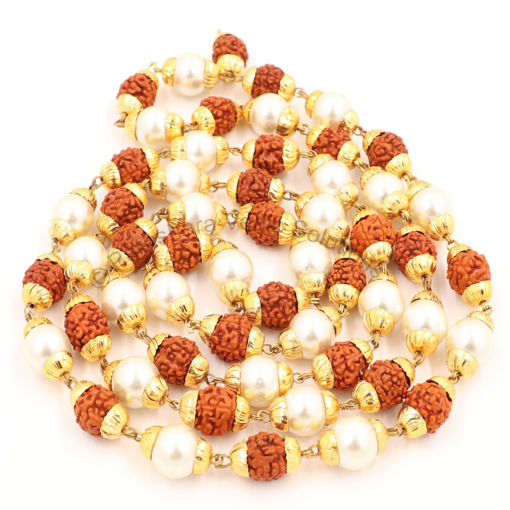 Picture of Arkam Rudraksh Pearl Mala/ 100% Natural Rudraksha and Pearl Mala with Gold Metal Capping/ Original Rudraksha Pearl Rosary/ Rudraksh Moti Mala/ Rudraksha Moti Rosary (Size: 6mm, Beads: 54+1, Length: 26 inches)