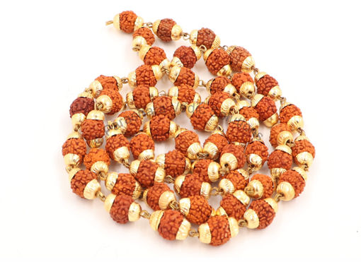 Picture of Arkam Rudraksh Mala with Gold Metal Capping/ Fancy Rudraksh Mala for Men and Women/ Stylish Rudraksha mala Yellow Cap/ Rudraksh Mala 7mm Original (Size: 7mm, Length: 28 inches, Beads: 54+1)