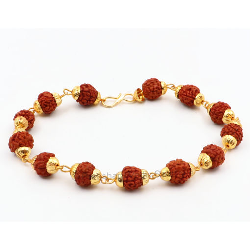 Picture of ARKAM Gold Plated Rudraksha Bracelet Capping/ Rudraksha Bracelet for men and women / Five Mukhi Rudraksha Bracelet (Length: 8", Golden)