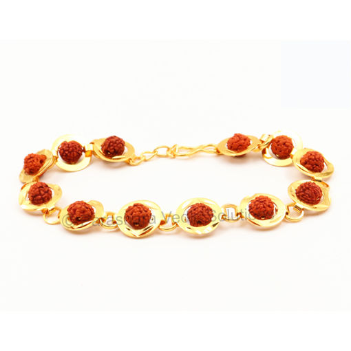 Picture of ARKAM Gold Plated Rudraksha Bracelet in Rings / Rudraksha Bracelet for men and women / Five Mukhi Rudraksha Bracelet (Length: 8", Golden)