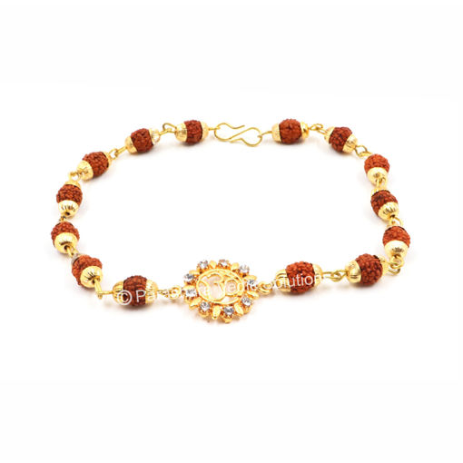Picture of ARKAM Gold Plated Rudraksha Bracelet Om Charm/ Rudraksha Bracelet for men and women / Five Mukhi Rudraksha Bracelet (Length: 8", Golden)